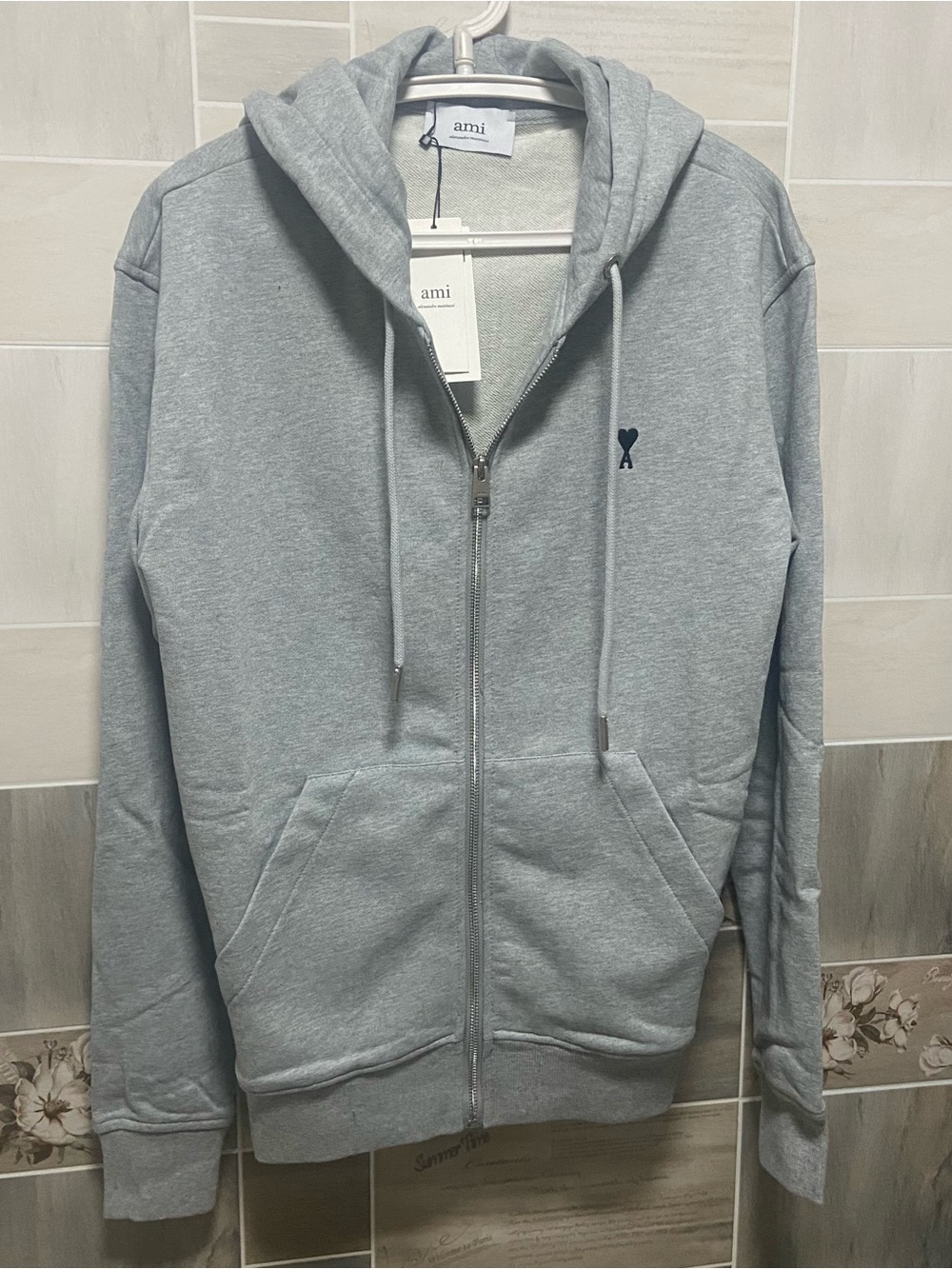 Ami Light Gray Full-Zip Hoodie with Navy Heart